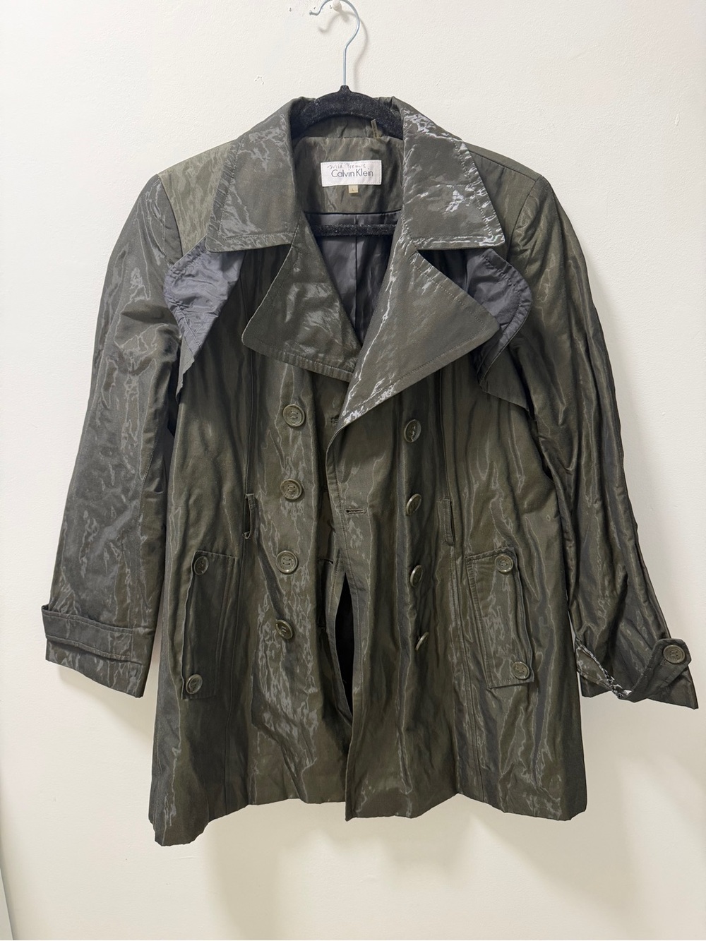 Vintage Calvin Klein Iridescent Olive Green Crinkle Trench Coat Y2K Utility